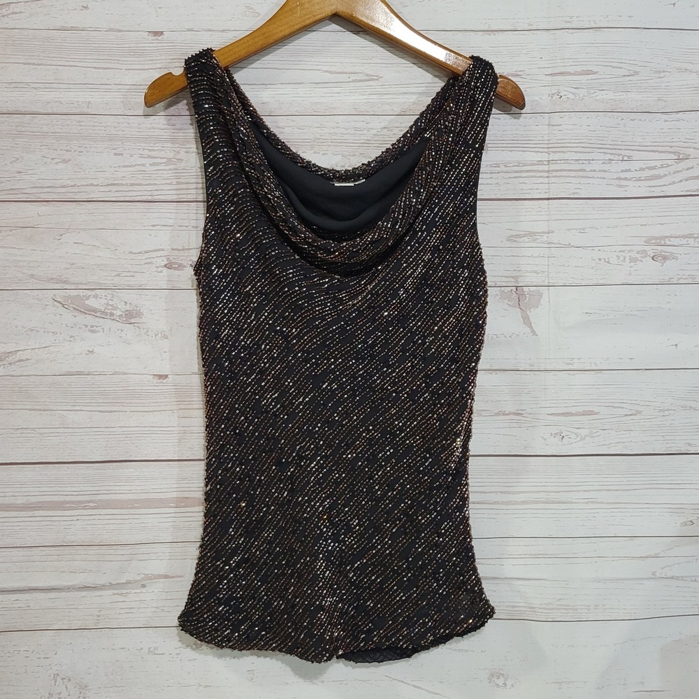 Cache Beaded Sleeveless Top Womens Small Brown Cowl Neck Lined Glam Going Out